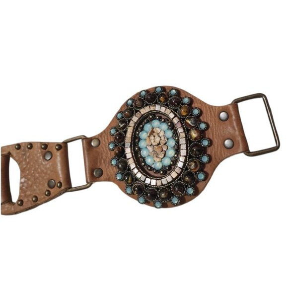 LeatheRock Custom Linked Leather Studded Rhinstone Belt Size M/L USA MSRP $245 - Picture 8 of 16